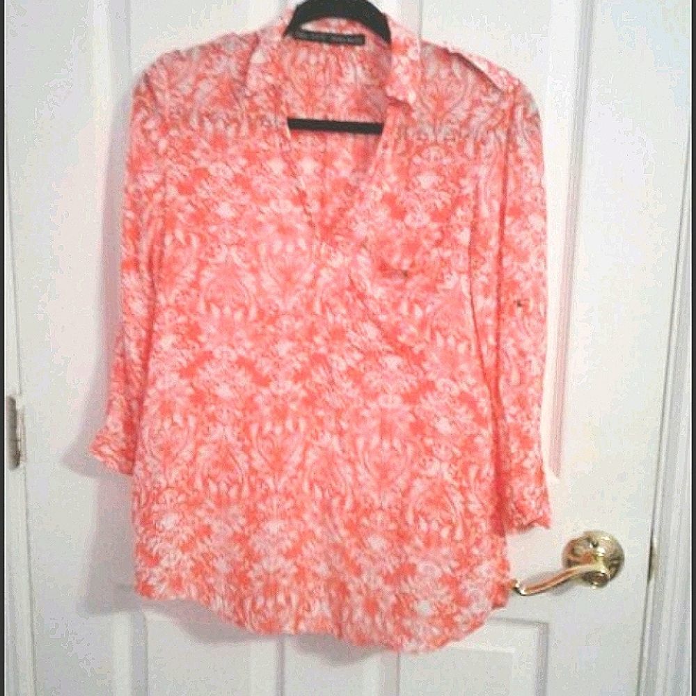 Zara Basics Boho Orangy Floral Casual Office Flowy Rayon Top S